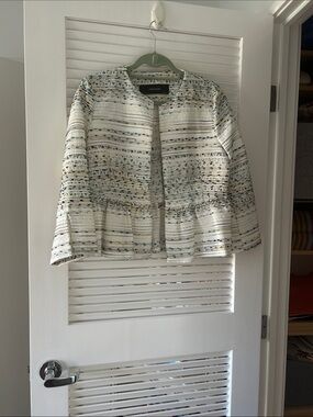 Zara White Tweed Peplum Jacket with Multicolor Thread